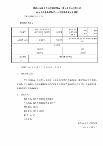 4拓东大成中央商务区A23号地块小学建设项目批前公示