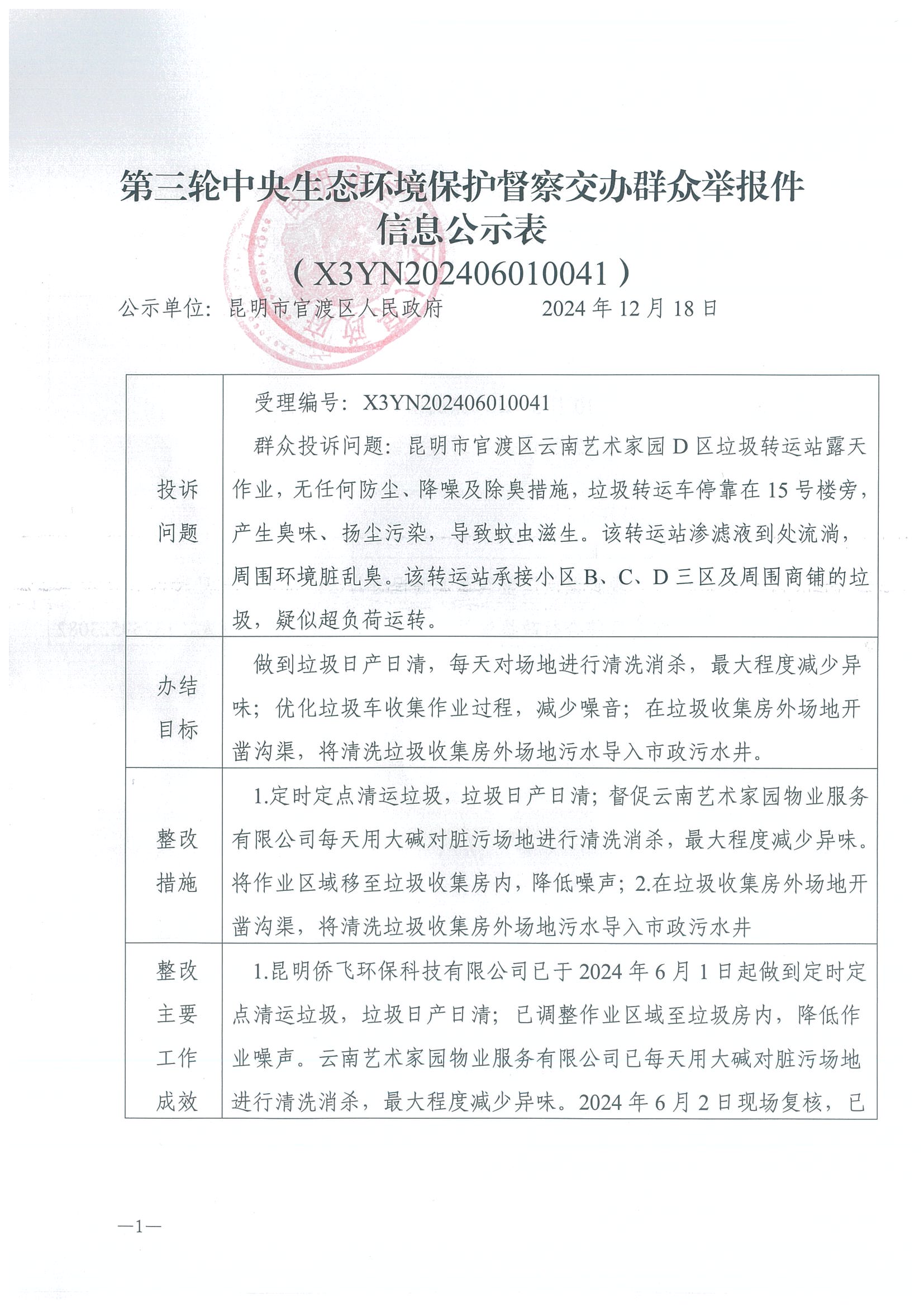 第三轮中央生态环境保护督察交办群众举报件信息公示表（X3YN202406010041）