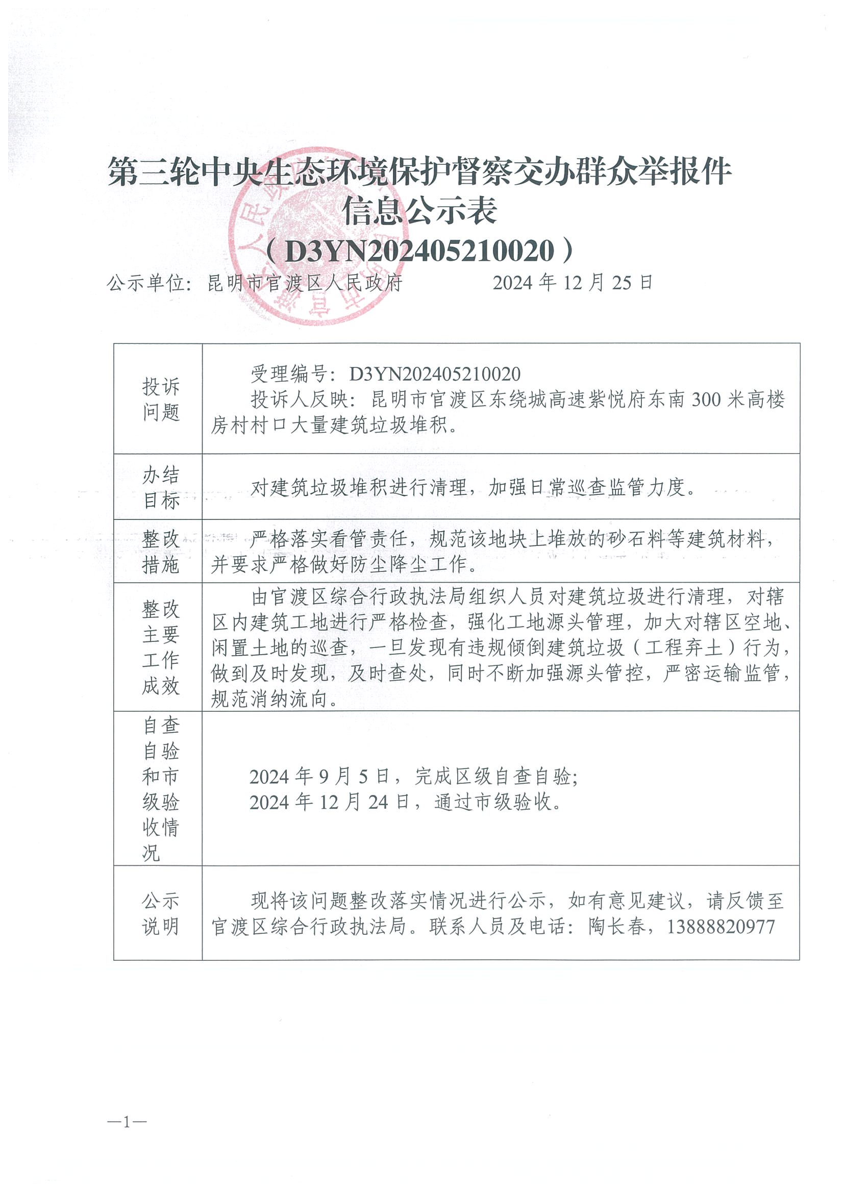 第三轮中央生态环境保护督察交办群众举报件信息公示表（D3YN202405210020）