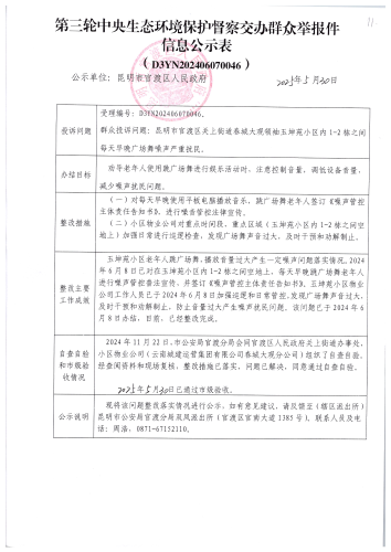 第三轮中央生态环境保护督察交办群众举报件信息公示表（D3YN202406070046）