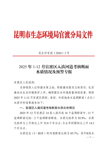 昆生环官报〔2026〕3号2025年1-12月官渡区入滇河道考核断面水质情况及预警专报_1