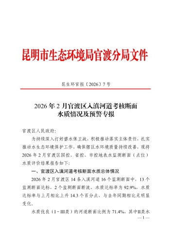 昆生环官报〔2026〕7号2026年1-2月官渡区入滇河道考核断面水质情况及预警专报_1