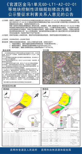（以此为准）《官渡区金马1单元GD-LT1-A2-02-01等地块控制性详细规划修改方案》公示暨征求利害关系人意见的公告